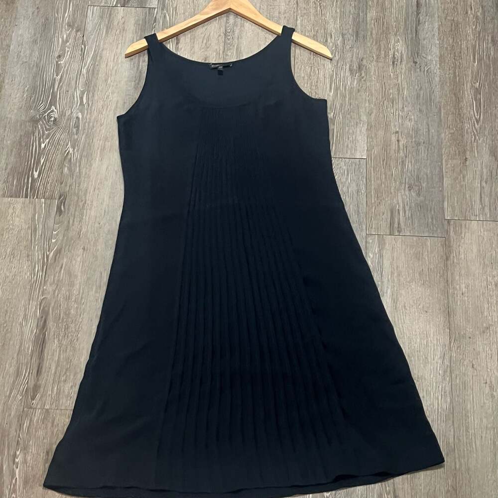 Eileen Fisher Black Pleated Front Silk Georgette Sleeveless Shift Dress Size XS